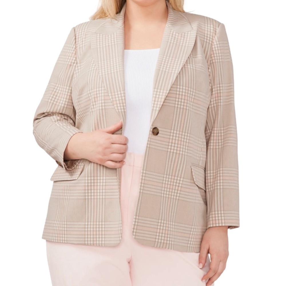 Halogen Single Button Neutral Plaid Blazer 8 NWT Tailored Notched Collar